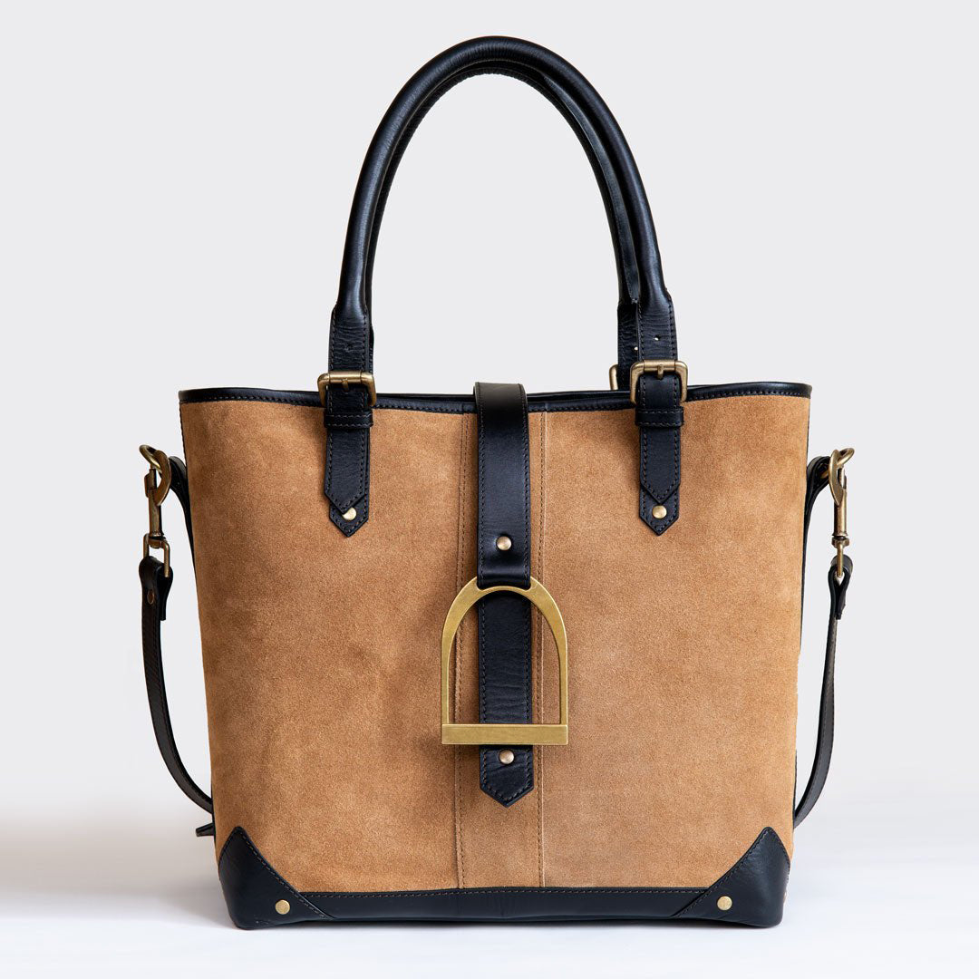 Signature - Riding Stirrup Tote Luxury Leather Handbag in Black on Chestnut Urban-Equestrian