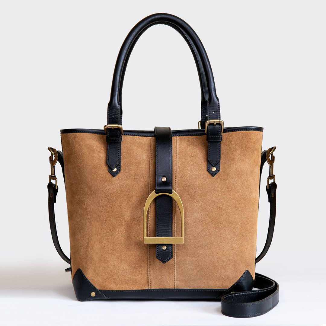 Signature - Riding Stirrup Tote Luxury Leather Handbag in Black on Chestnut Urban-Equestrian
