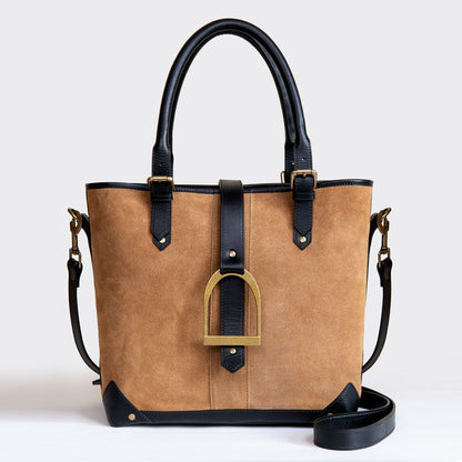 Signature - Riding Stirrup Tote Luxury Leather Handbag in Black on Chestnut Urban-Equestrian