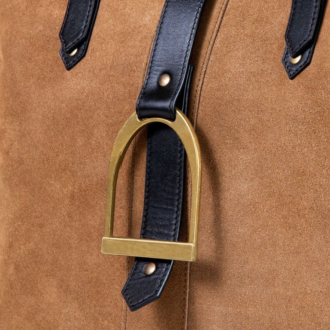 Signature - Riding Stirrup Tote Luxury Leather Handbag in Black on Chestnut Urban-Equestrian