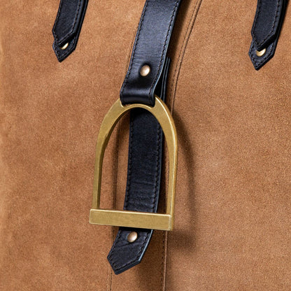Signature - Riding Stirrup Tote Luxury Leather Handbag in Black on Chestnut Urban-Equestrian