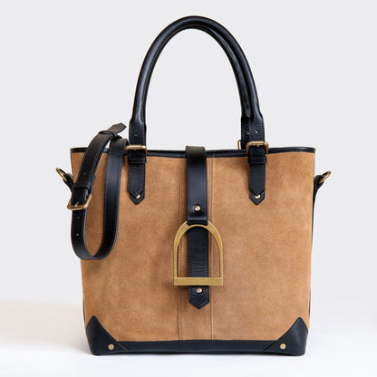 Signature - Riding Stirrup Tote Luxury Leather Handbag in Black on Chestnut Urban-Equestrian