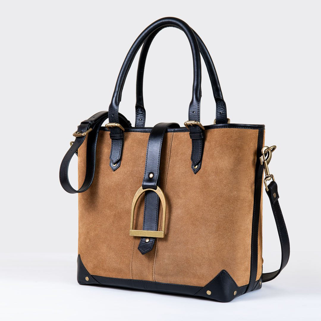 Signature - Riding Stirrup Tote Luxury Leather Handbag in Black on Chestnut Urban-Equestrian
