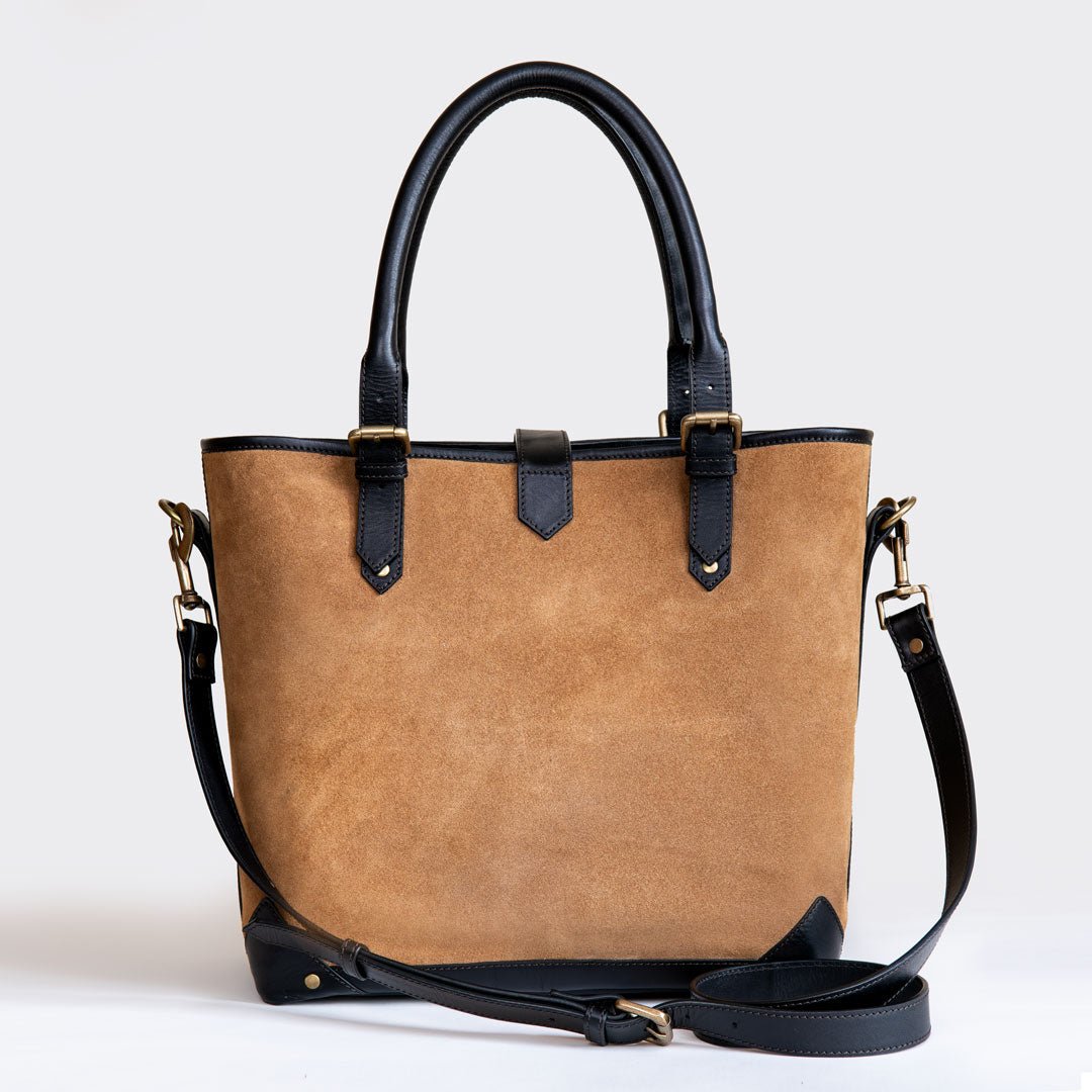 Signature - Riding Stirrup Tote Luxury Leather Handbag in Black on Chestnut Urban-Equestrian