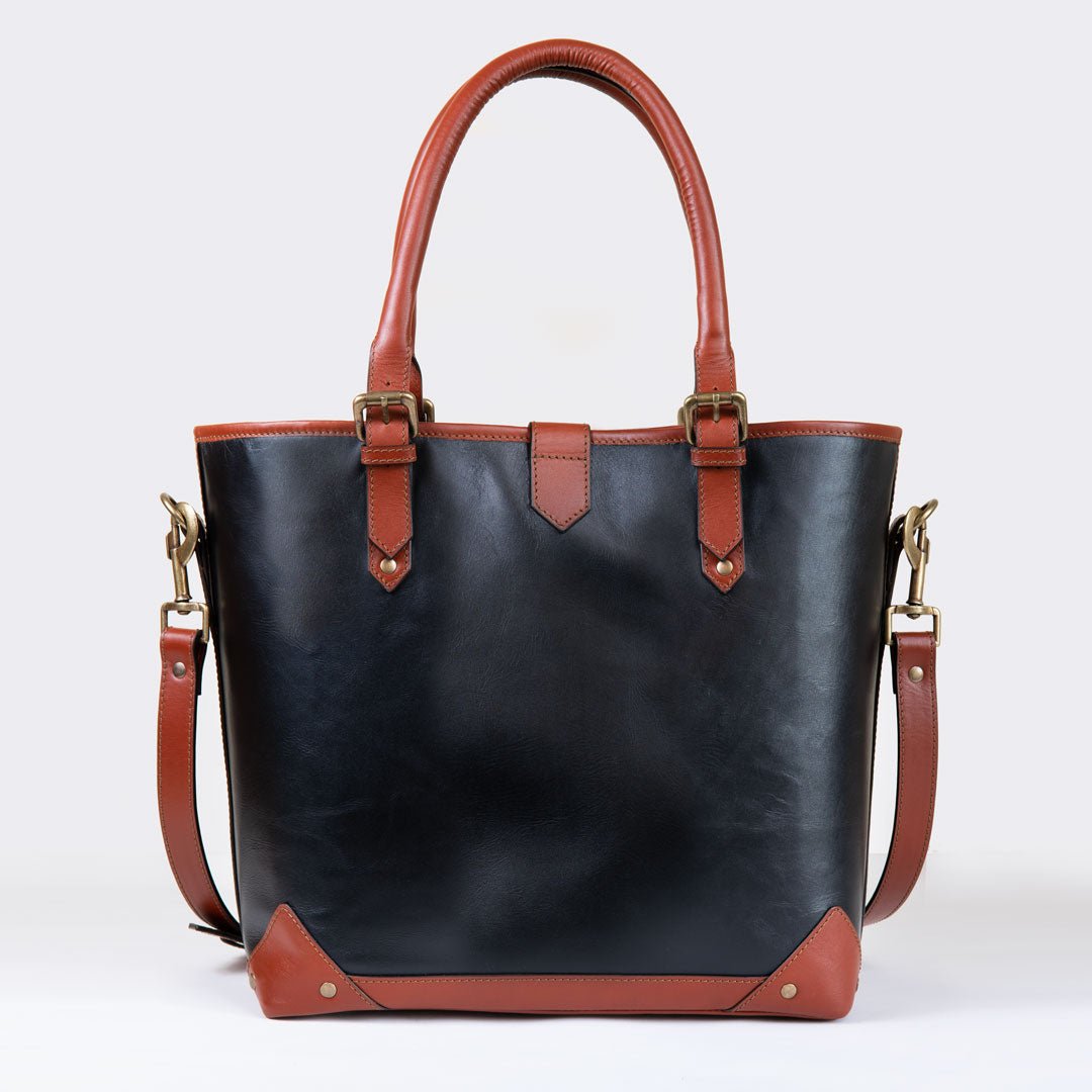 Signature - Riding Stirrup Tote Luxury Leather Handbag in Cognac on Black Urban-Equestrian