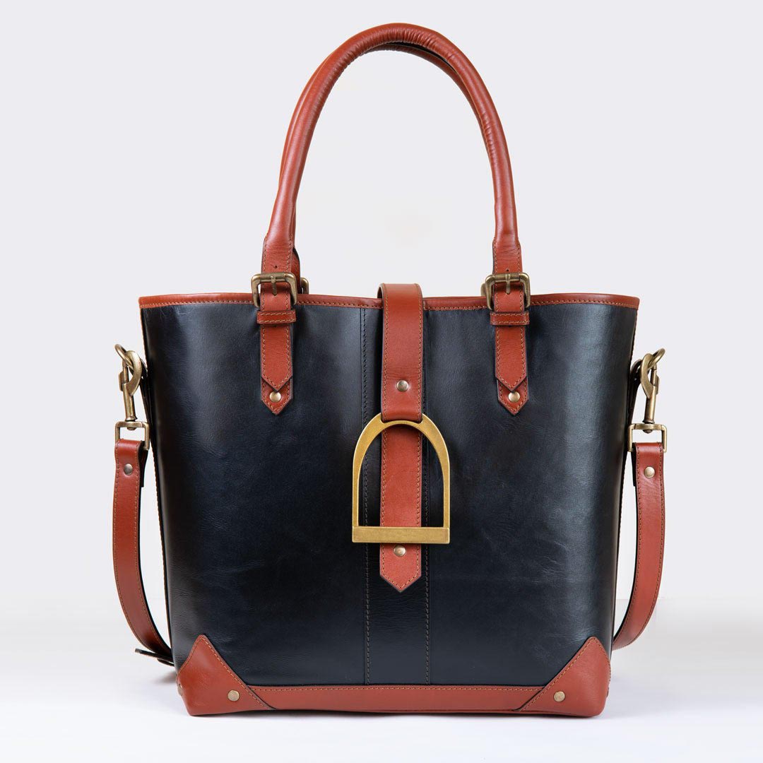 Signature - Riding Stirrup Tote Luxury Leather Handbag in Cognac on Black Urban-Equestrian