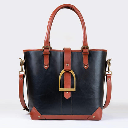 Signature - Riding Stirrup Tote Luxury Leather Handbag in Cognac on Black Urban-Equestrian