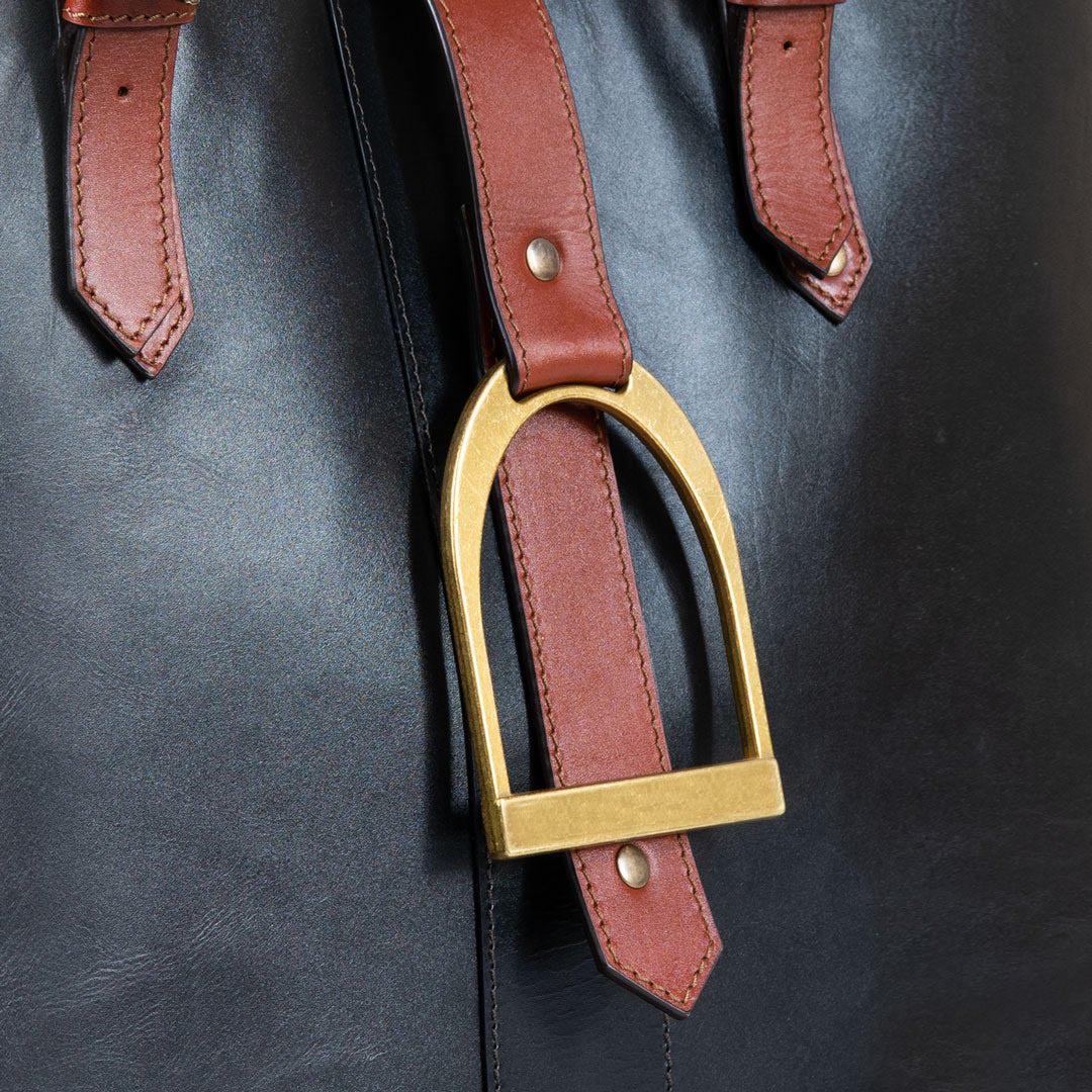 Signature - Riding Stirrup Tote Luxury Leather Handbag in Cognac on Black Urban-Equestrian
