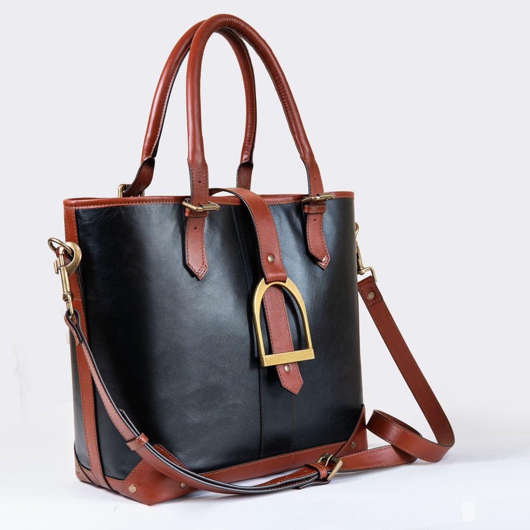 Signature - Riding Stirrup Tote Luxury Leather Handbag in Cognac on Black Urban-Equestrian