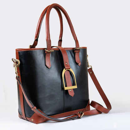 Signature - Riding Stirrup Tote Luxury Leather Handbag in Cognac on Black Urban-Equestrian