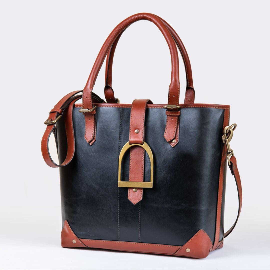 Signature - Riding Stirrup Tote Luxury Leather Handbag in Cognac on Black Urban-Equestrian