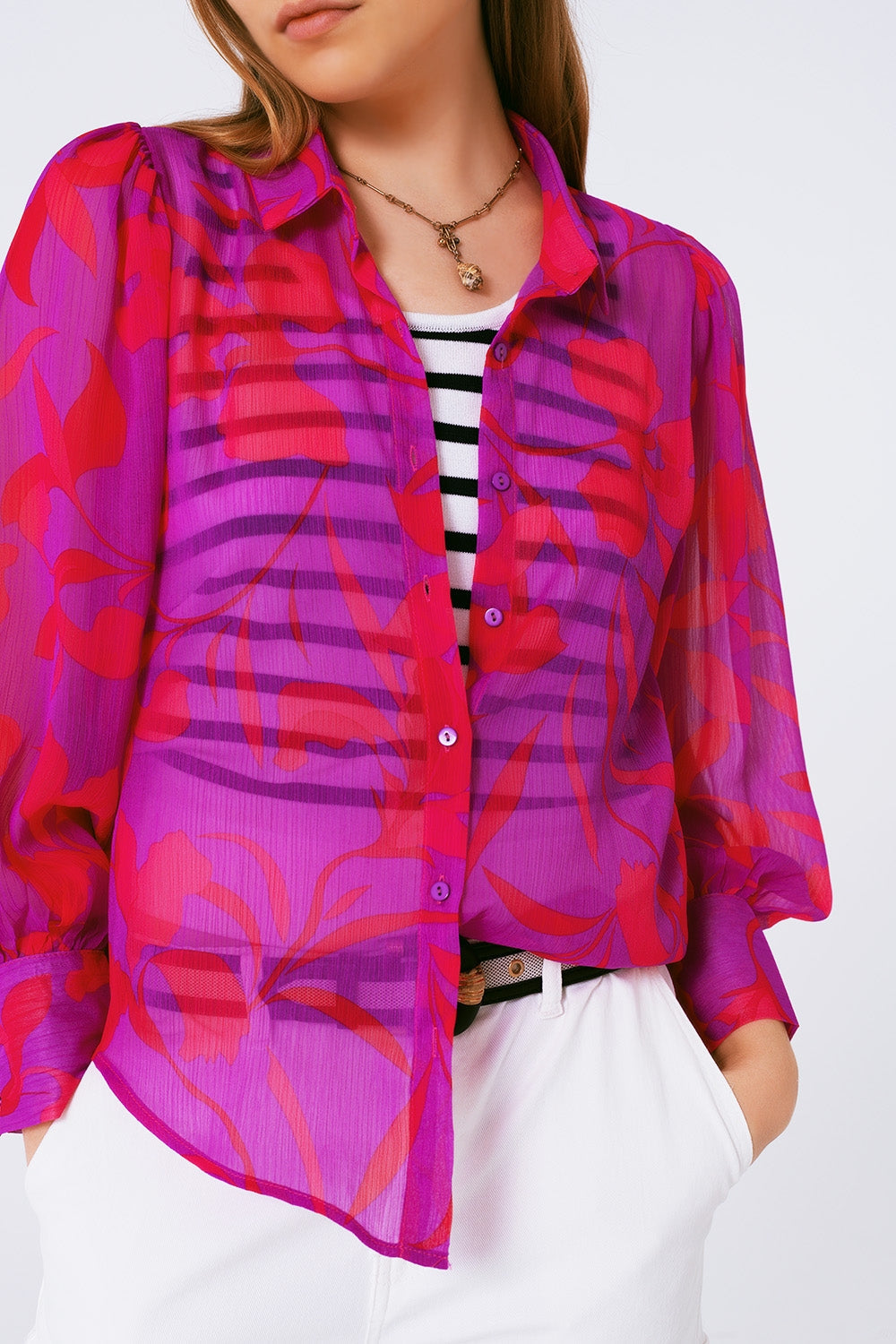 chiffon floral print blouse in fuchsia Q2store