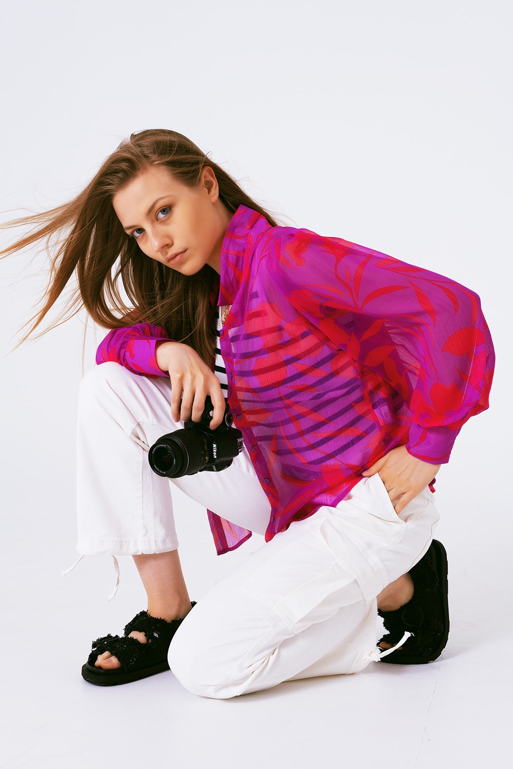 chiffon floral print blouse in fuchsia Q2store