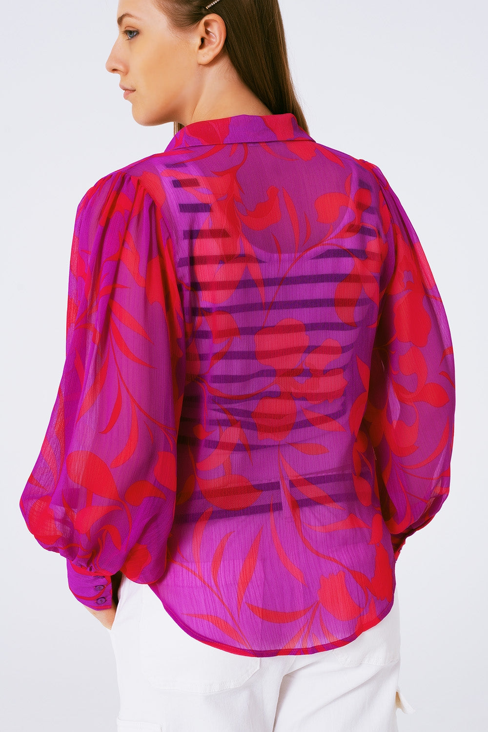 chiffon floral print blouse in fuchsia Q2store