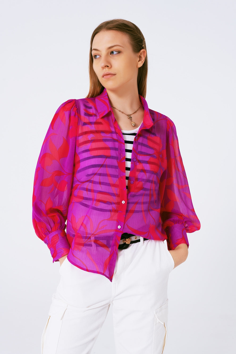 chiffon floral print blouse in fuchsia Q2store