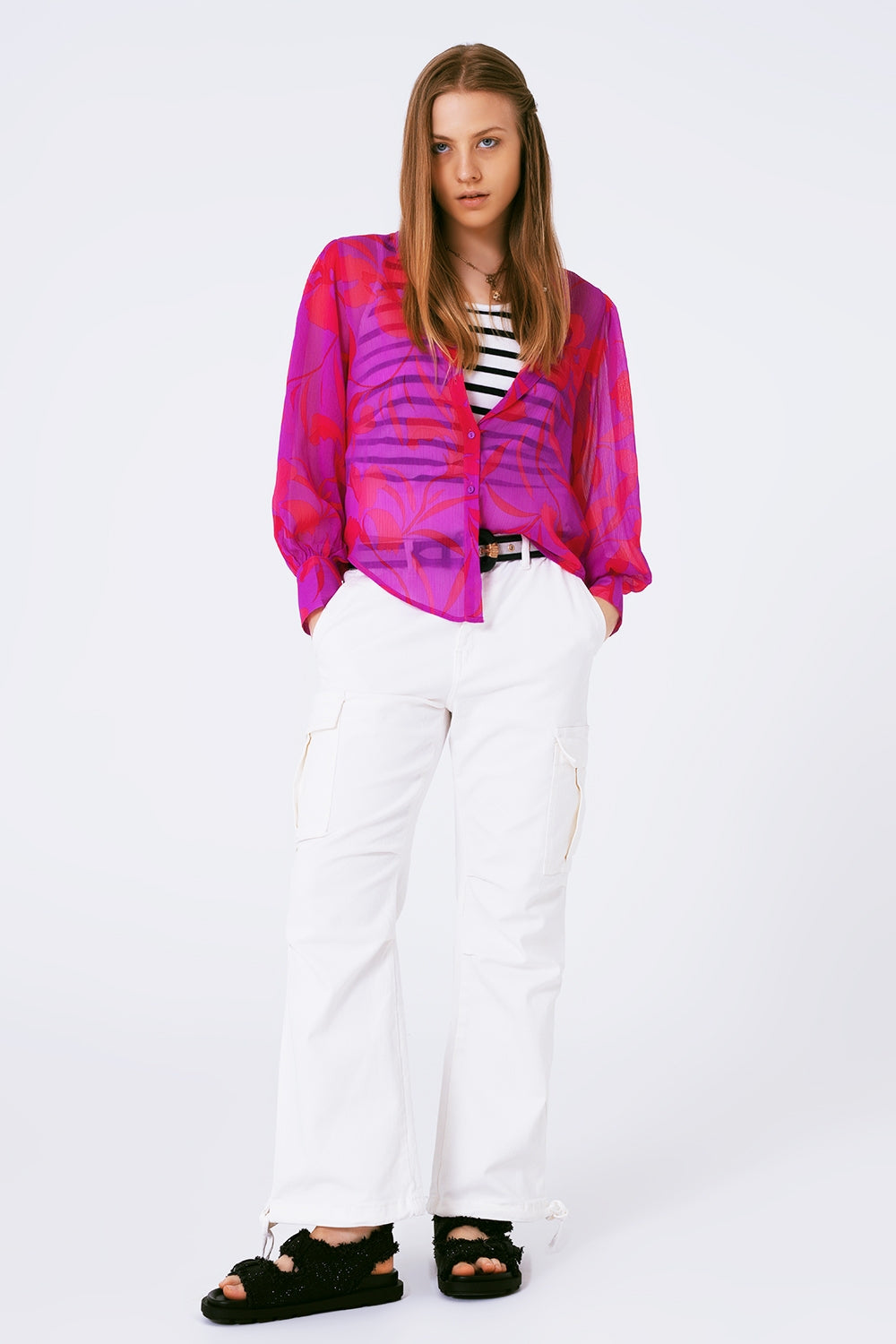 chiffon floral print blouse in fuchsia Q2store