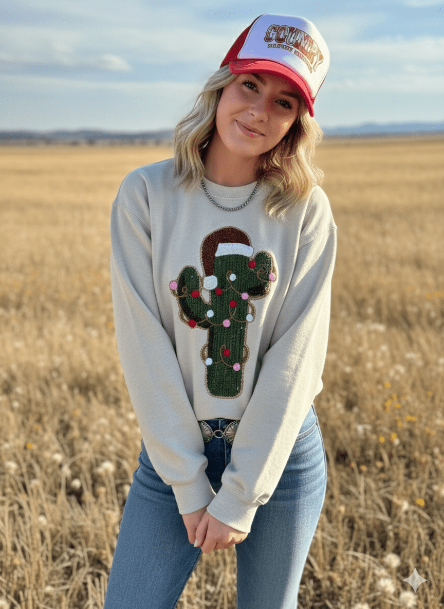 Christmas Cactus Sequins Patch Sweatshirt Wild Junkie