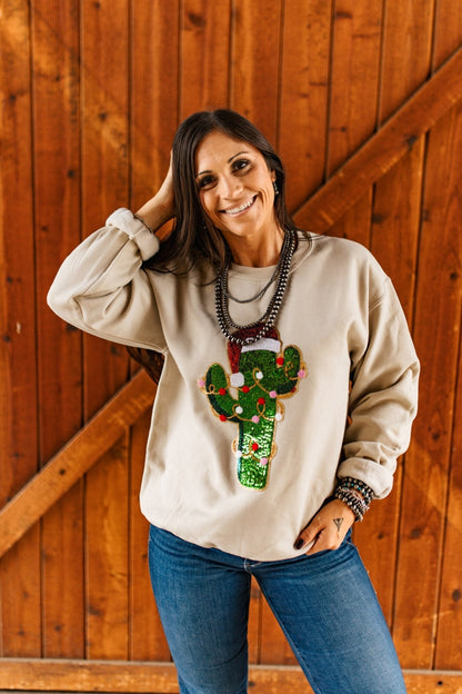 Christmas Cactus Sequins Patch Sweatshirt Wild Junkie