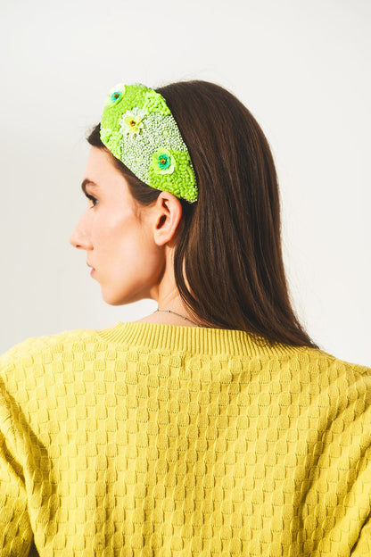 Chunky headband with embellished green flowers Q2store