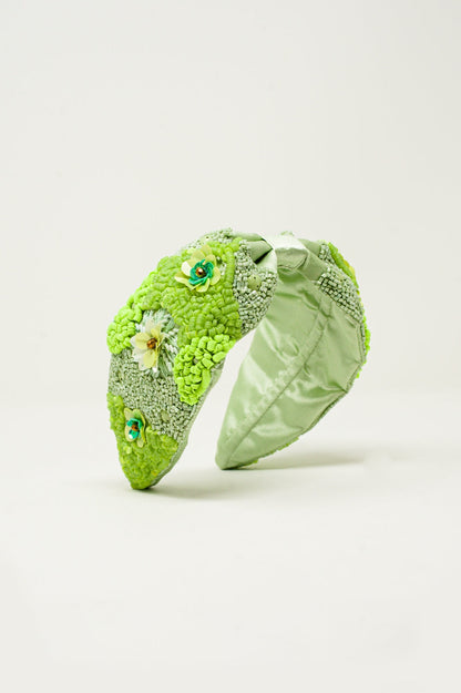 Chunky headband with embellished green flowers Q2store