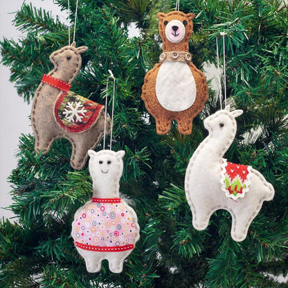 Classic Handmade Felt Alpaca Tree Hanging Ornament Set Purely Alpaca