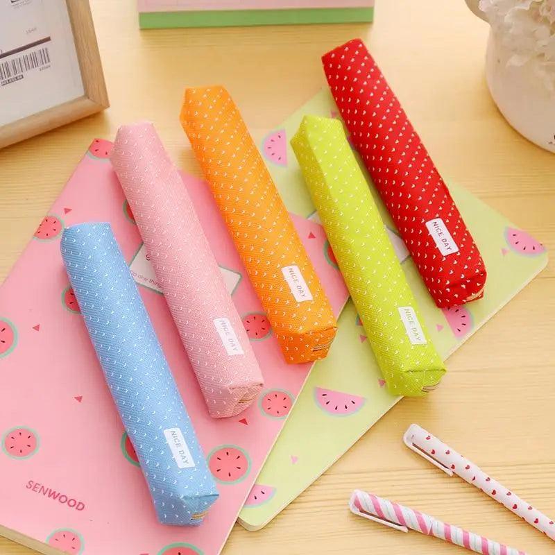 Classic Simple Candy Color Slim Canvas Pencil Pouch Pencil Bag For School Office Dot Printed Students Pencil Case Stevvex
