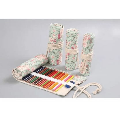 Colorful Roll Up Pencil Case Canvas Flowers Style Colored Pencils Wrap Multi-Purpose Pen Holder Cute Case Stevvex