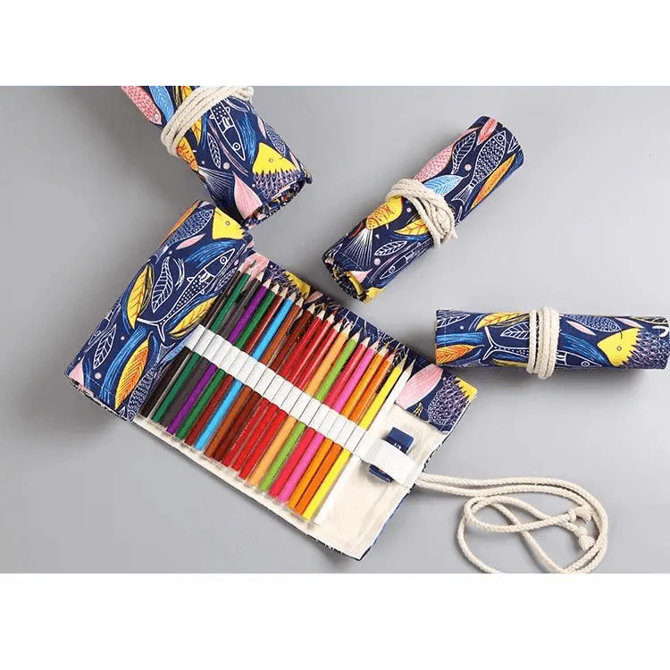 Colorful Roll Up Pencil Case Canvas Flowers Style Colored Pencils Wrap Multi-Purpose Pen Holder Cute Case Stevvex