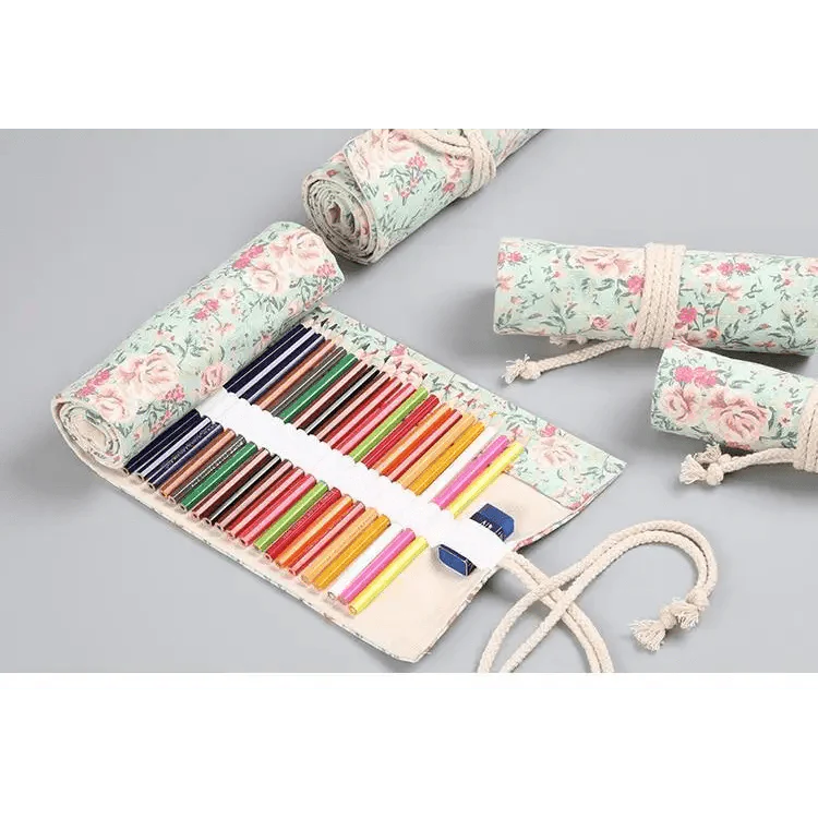 Colorful Roll Up Pencil Case Canvas Flowers Style Colored Pencils Wrap Multi-Purpose Pen Holder Cute Case Stevvex