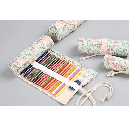 Colorful Roll Up Pencil Case Canvas Flowers Style Colored Pencils Wrap Multi-Purpose Pen Holder Cute Case Stevvex