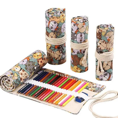 Colorful Roll Up Pencil Case Canvas Flowers Style Colored Pencils Wrap Multi-Purpose Pen Holder Cute Case Stevvex