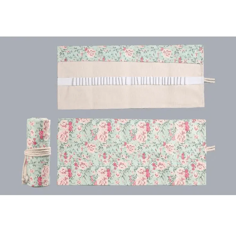 Colorful Roll Up Pencil Case Canvas Flowers Style Colored Pencils Wrap Multi-Purpose Pen Holder Cute Case Stevvex