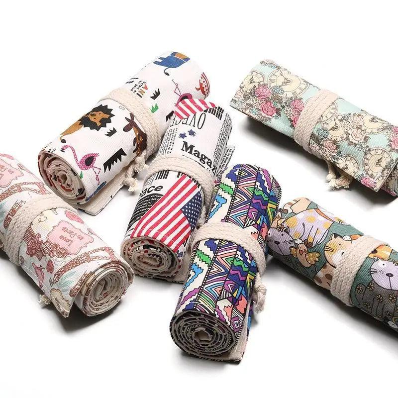 Colorful Roll Up Pencil Case Canvas Flowers Style Colored Pencils Wrap Multi-Purpose Pen Holder Cute Case Stevvex
