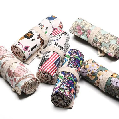 Colorful Roll Up Pencil Case Canvas Flowers Style Colored Pencils Wrap Multi-Purpose Pen Holder Cute Case Stevvex