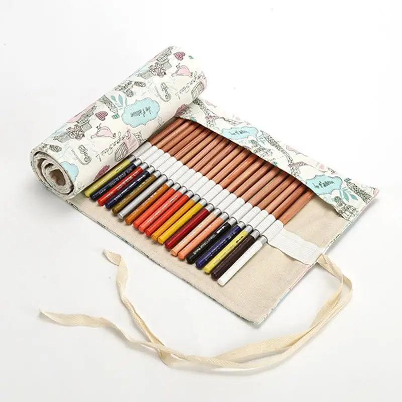 Colorful Roll Up Pencil Case Canvas Flowers Style Colored Pencils Wrap Multi-Purpose Pen Holder Cute Case Stevvex