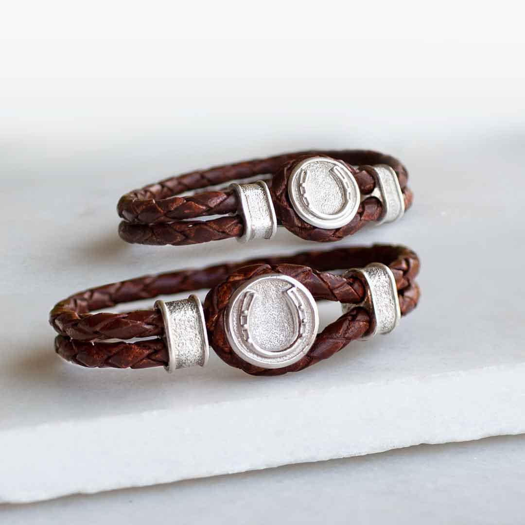 Colton - Horseshoe Dome Braided Equestrian Bracelet Gold or Silver on Brown Urban-Equestrian