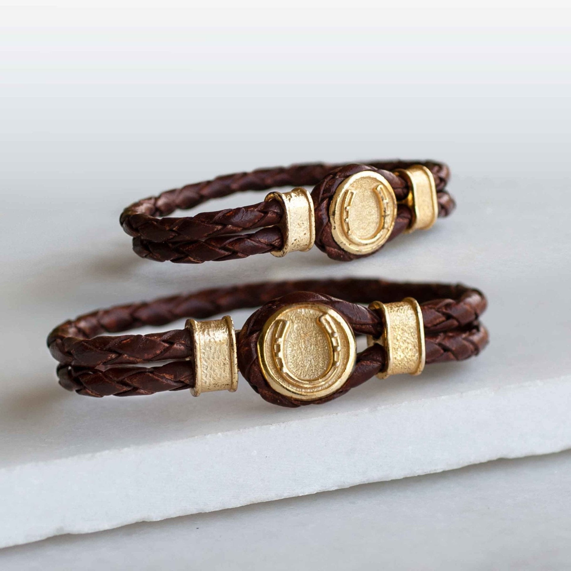 Colton - Horseshoe Dome Braided Equestrian Bracelet Gold or Silver on Brown Urban-Equestrian