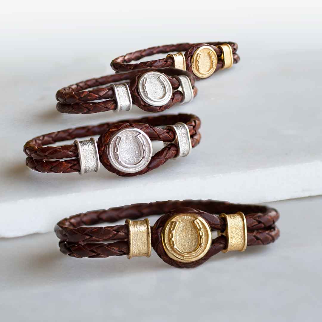 Colton - Horseshoe Dome Braided Equestrian Bracelet Gold or Silver on Brown Urban-Equestrian