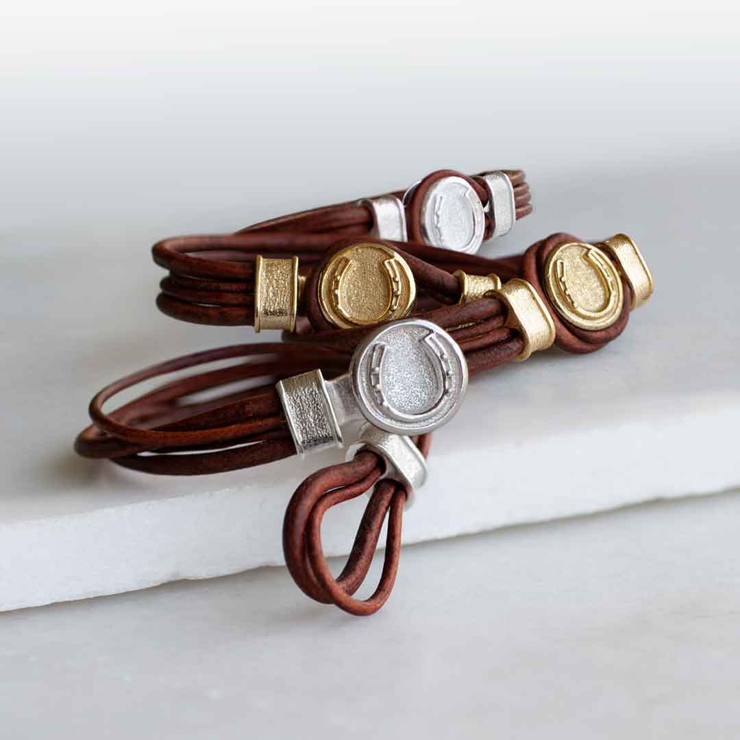 Colton - Horseshoe Dome Laced Equestrian Bracelet Gold or Silver on Brown Urban-Equestrian