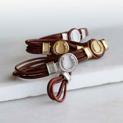 Colton - Horseshoe Dome Laced Equestrian Bracelet Gold or Silver on Brown Urban-Equestrian