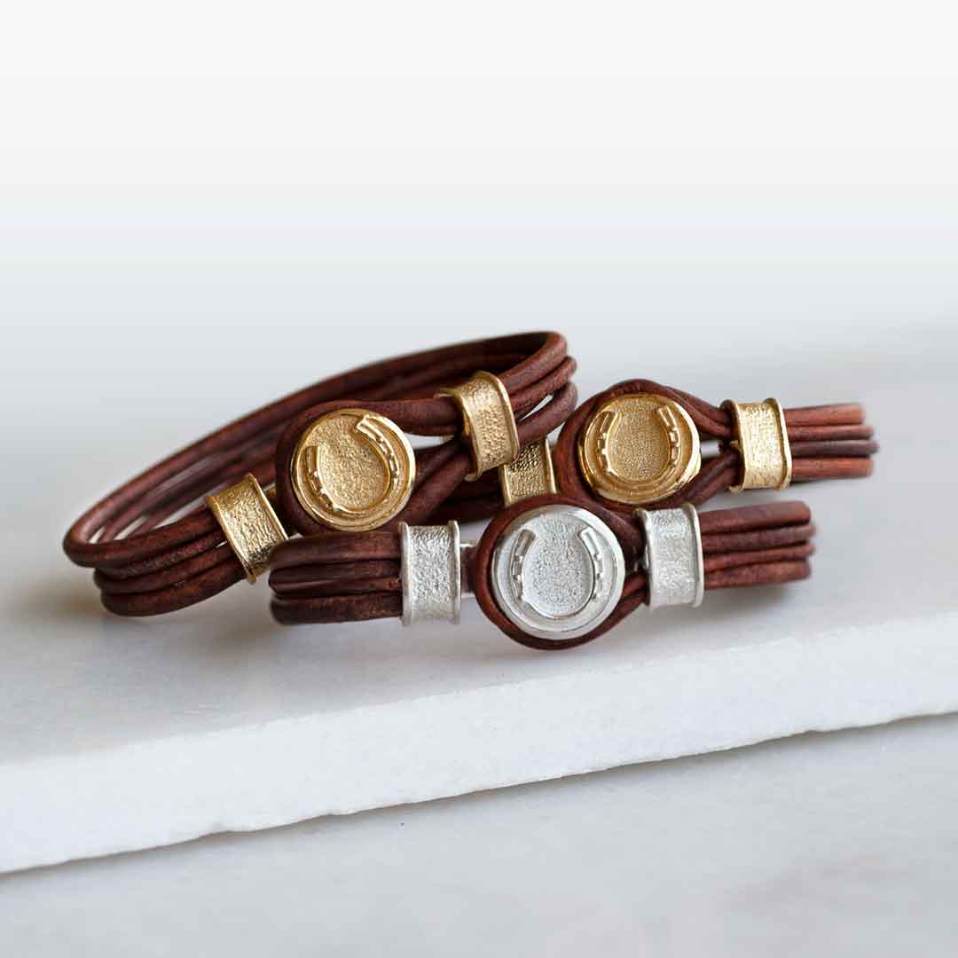Colton - Horseshoe Dome Laced Equestrian Bracelet Gold or Silver on Brown Urban-Equestrian