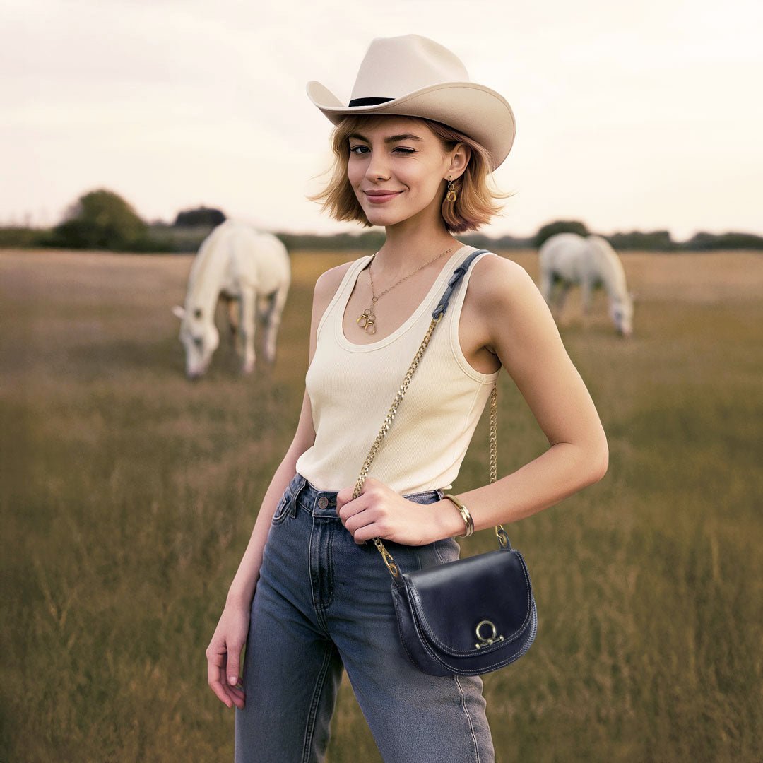 Coronado- Horse Bit Lock Luxury Leather Crossbody Handbag in Black Urban-Equestrian