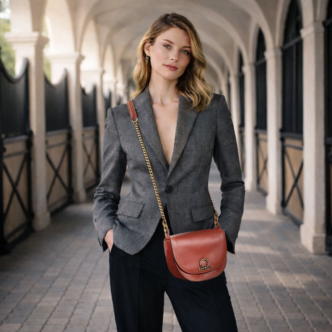 Coronado- Horse Bit Lock Luxury Leather Crossbody Handbag in Cognac Urban-Equestrian