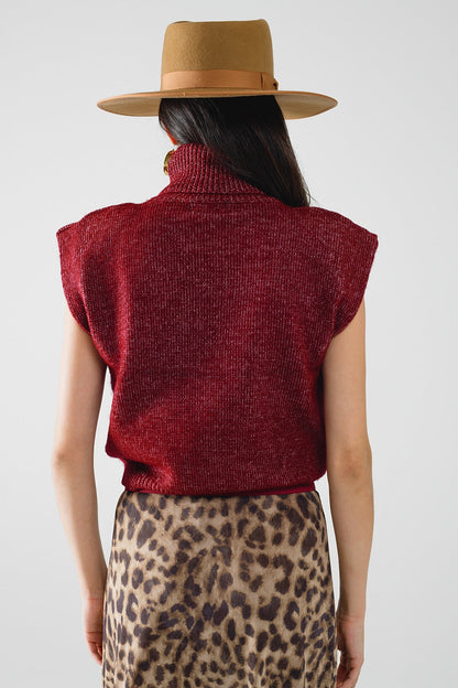 Cozy turtleneck sleeveless sweater in burgundy Q2store