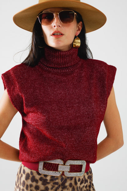 Cozy turtleneck sleeveless sweater in burgundy Q2store