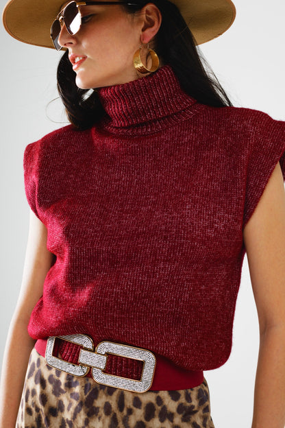 Cozy turtleneck sleeveless sweater in burgundy Q2store