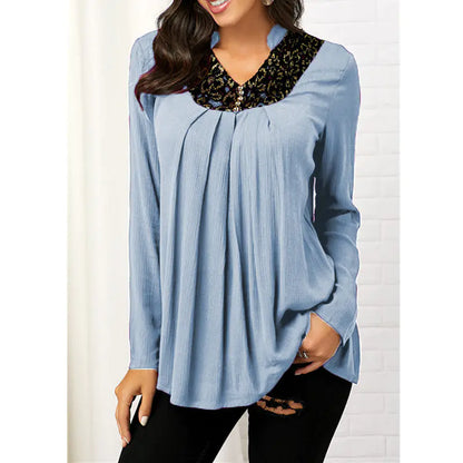 Printed V-neck Long Sleeve Lace Top.