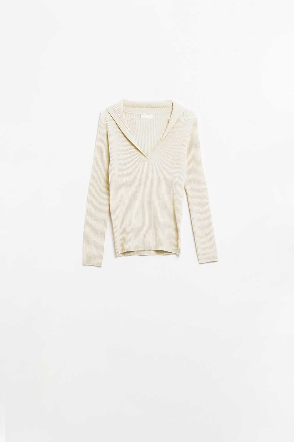 cream Collared Rib sweater With Long Sleeves Q2store