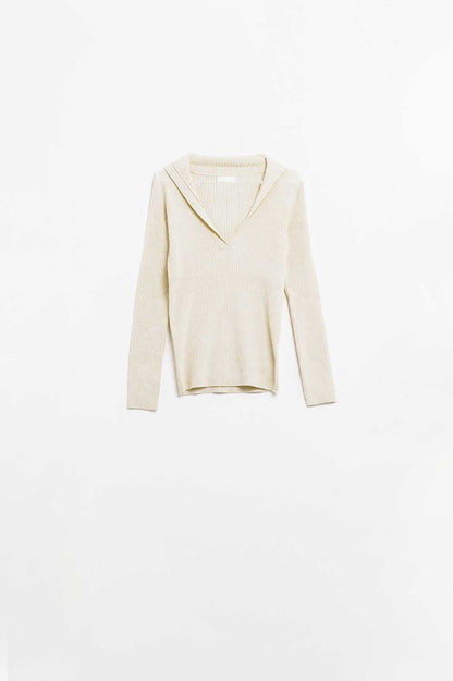 cream Collared Rib sweater With Long Sleeves Q2store