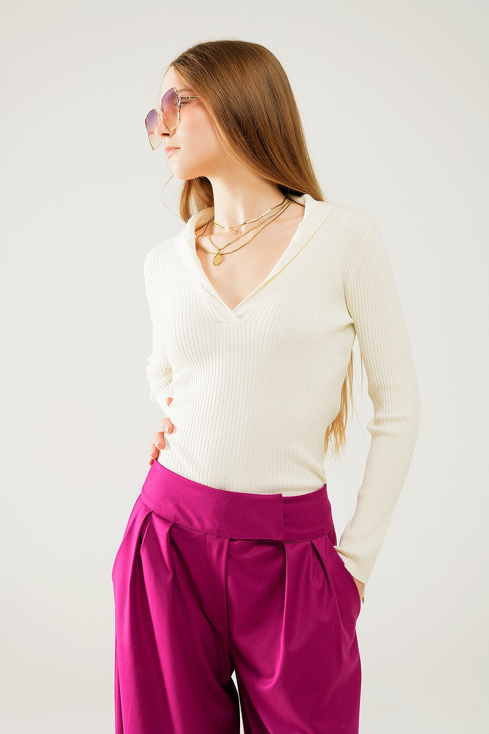 cream Collared Rib sweater With Long Sleeves Q2store